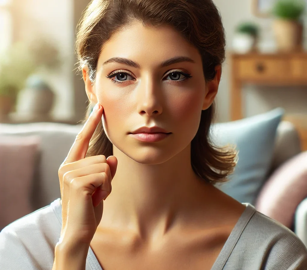 Emotional Freedom Technique Benefits. A person practicing Emotional Freedom Technique (tapping) with a calm and focused expression. EFT Healing.