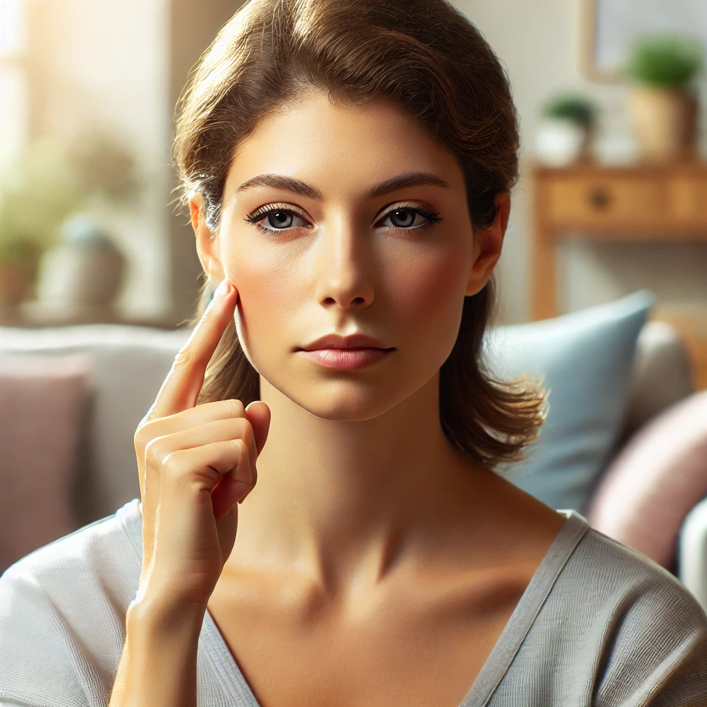 Emotional Freedom Technique Benefits. A person practicing Emotional Freedom Technique (tapping) with a calm and focused expression. EFT Healing.