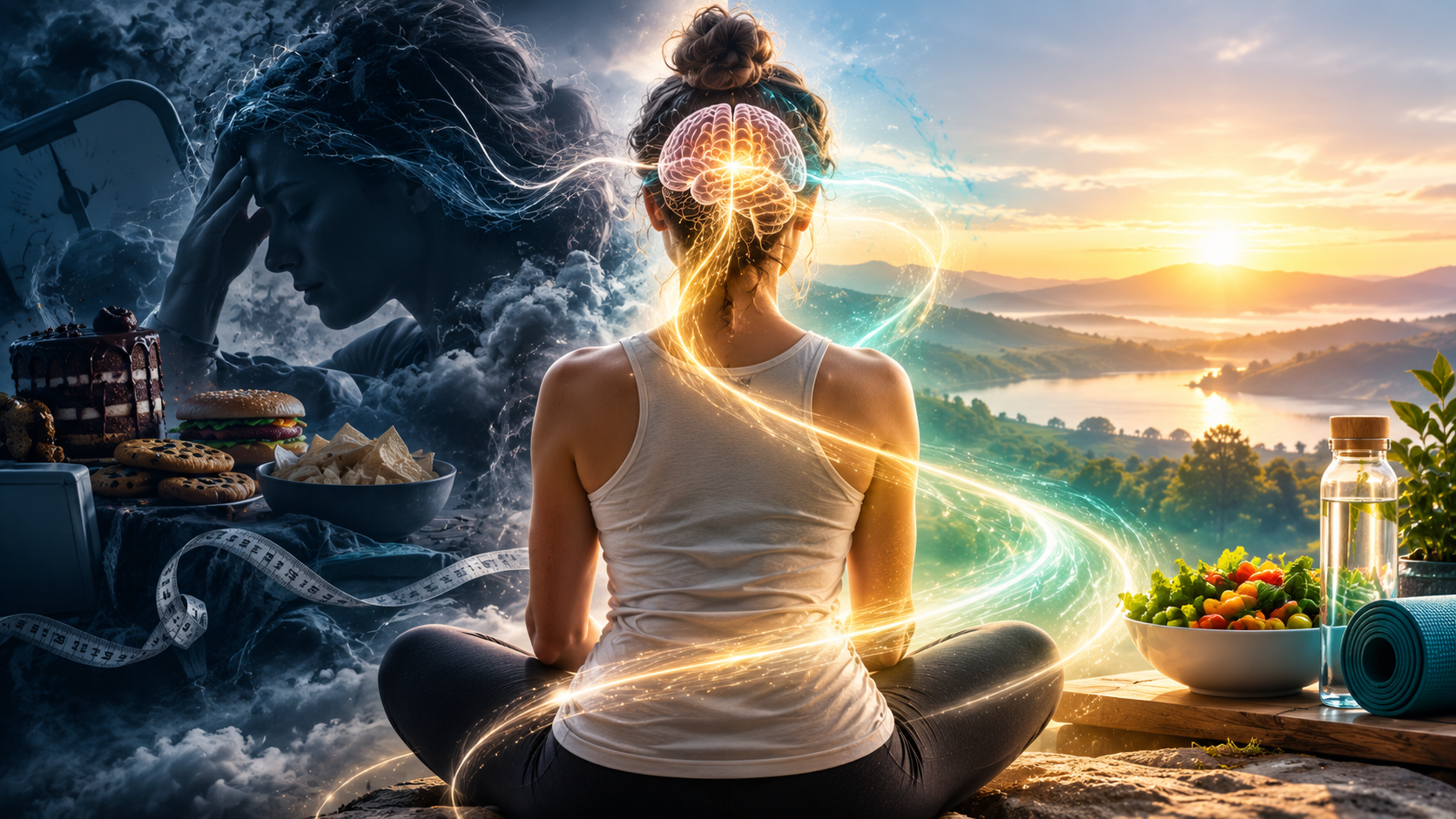 Mind-body weight loss connection showing the transition from stress and emotional eating to a balanced mindset, healthy habits, and lasting weight loss.