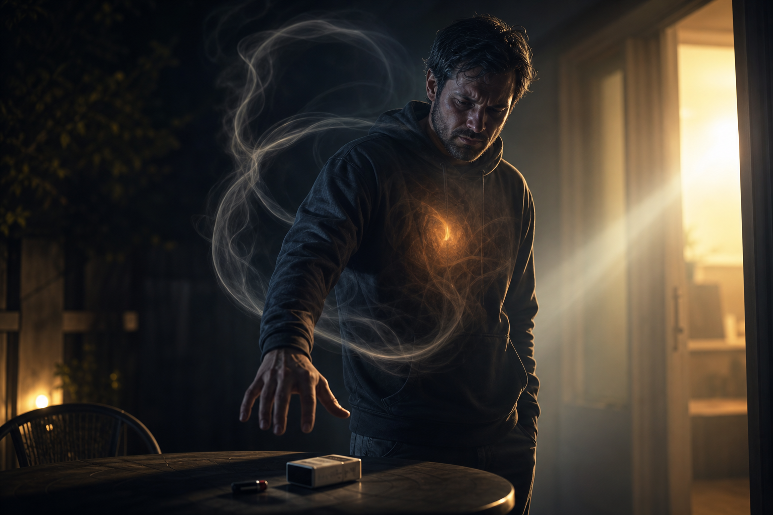 A man in a dark hoodie reaches toward a cigarette pack on a table, with smoke swirling around him