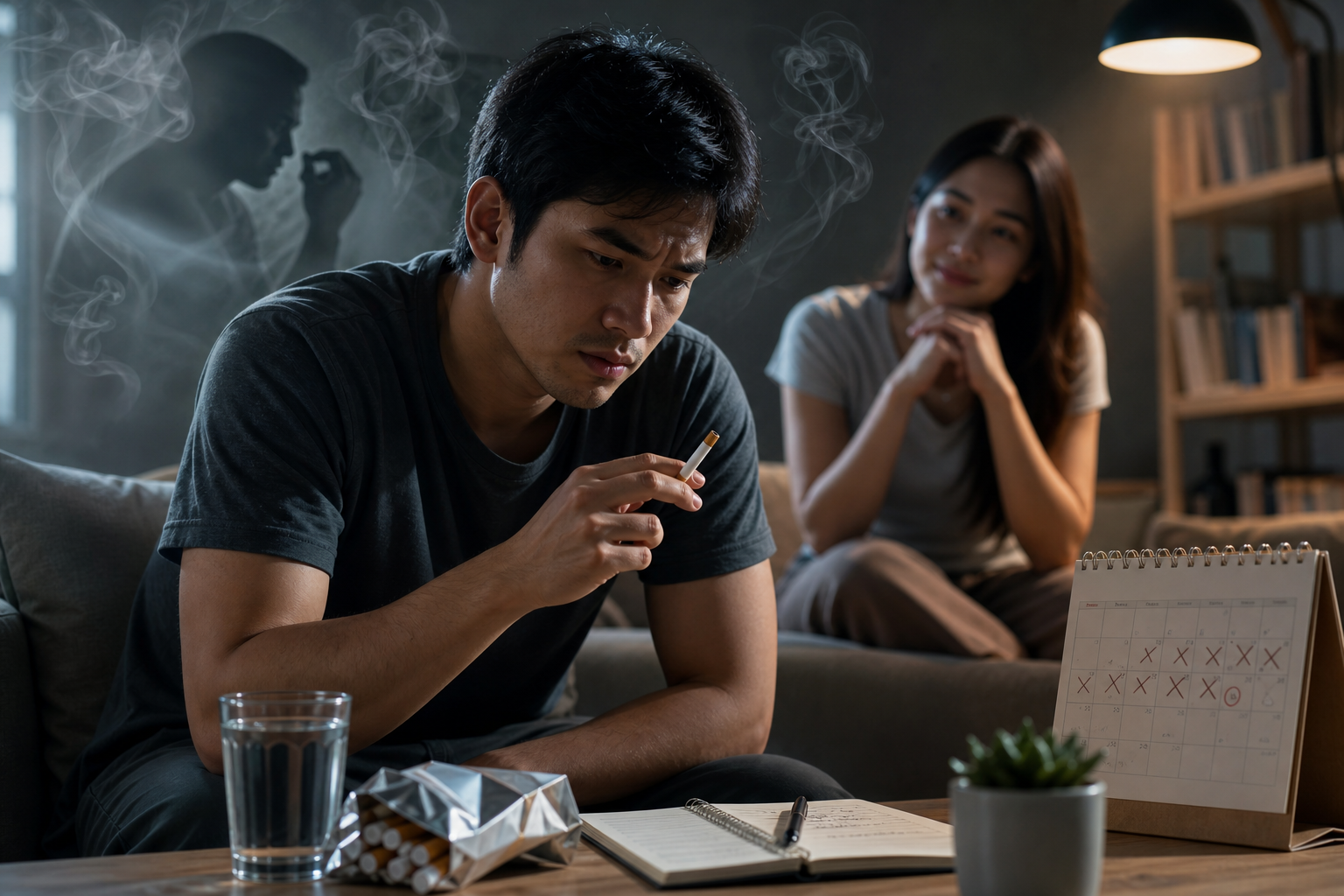Man struggling to quit smoking cold turkey