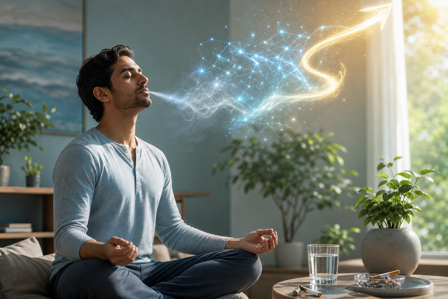 A man meditating indoors with a stylized stream of smoke and light rising from his breath
