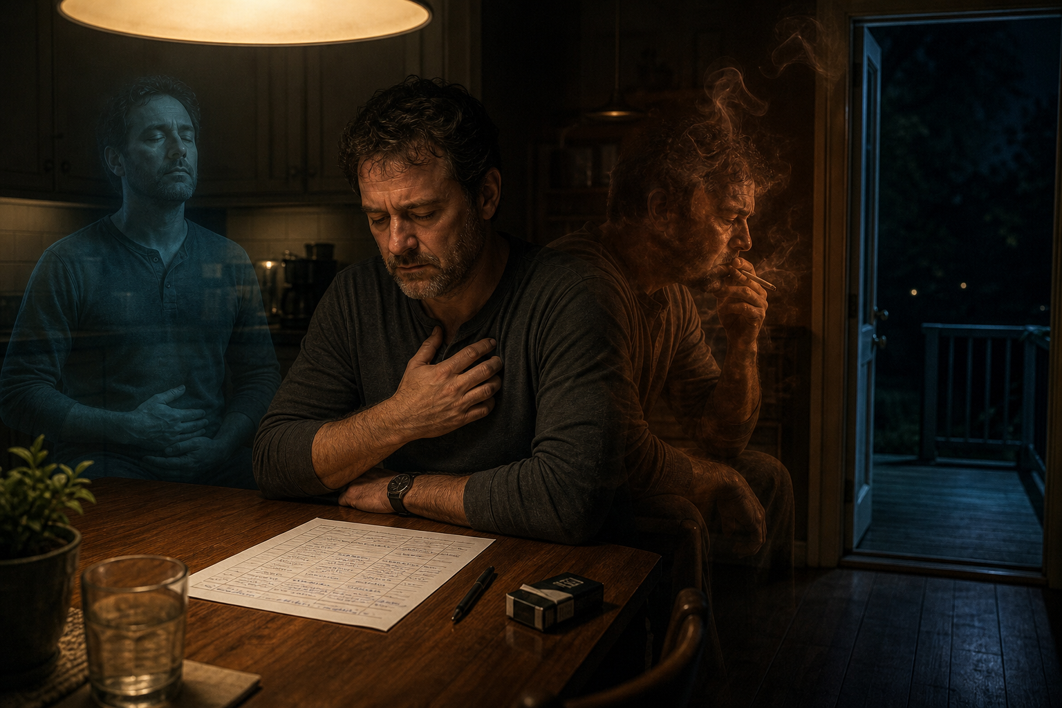 A man sits at a kitchen table, looking down with his hand on his chest, while ghostly versions of himself appear beside him