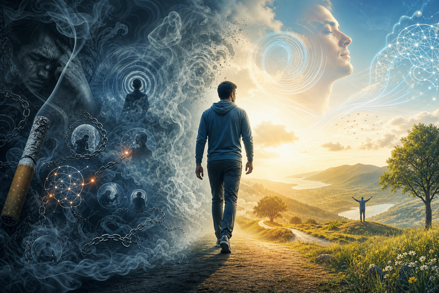 A man walks from a dark, chained side toward a bright open landscape, symbolizing transformation and freedom