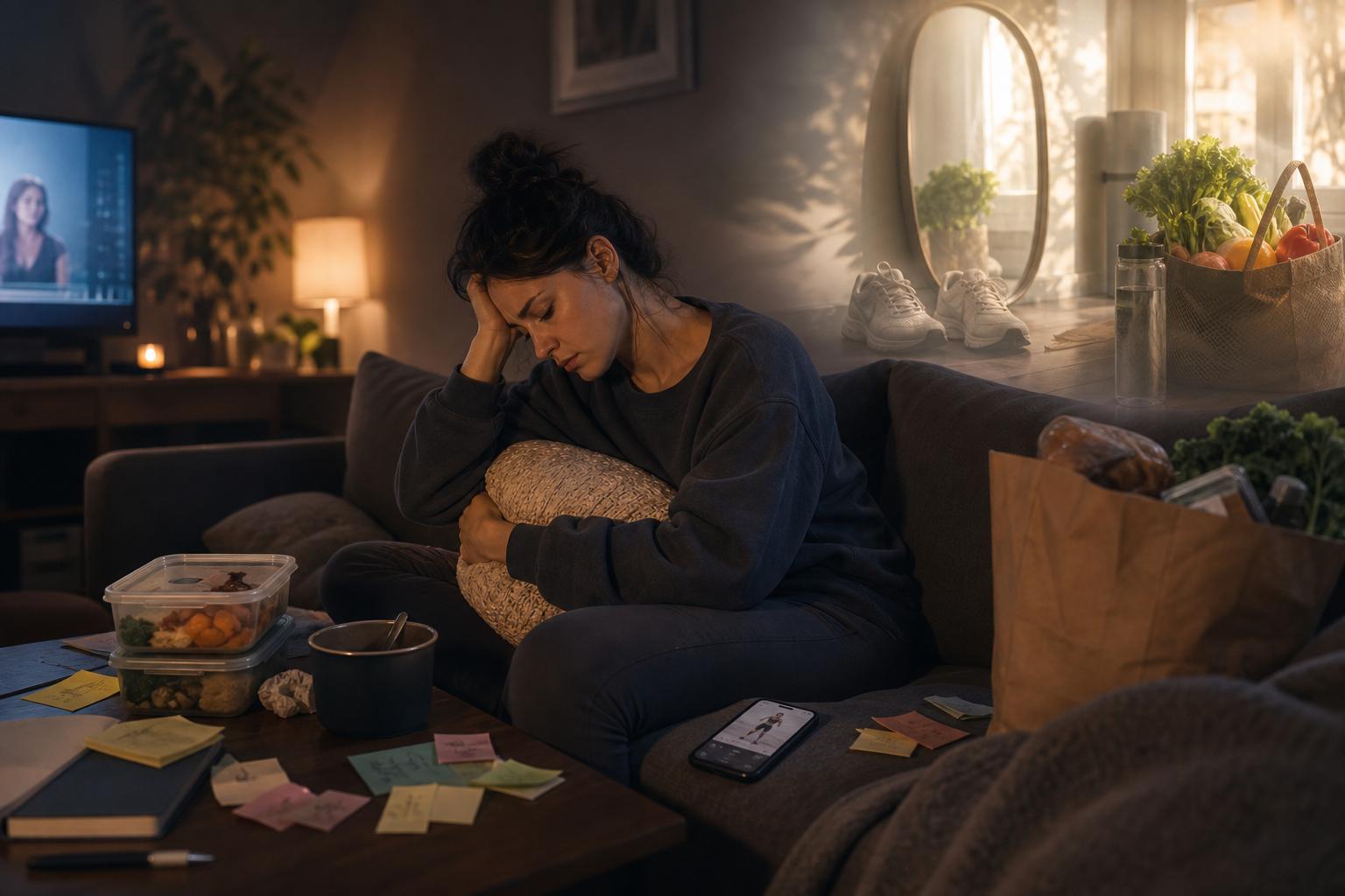 A tired woman sits on a couch, hugging a pillow, surrounded by takeout, sticky notes, and groceries in a dim living room