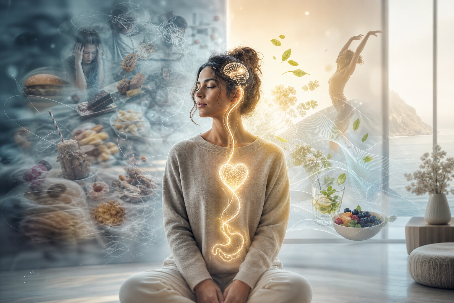 A woman meditates between unhealthy cravings on the left and healthy habits on the right