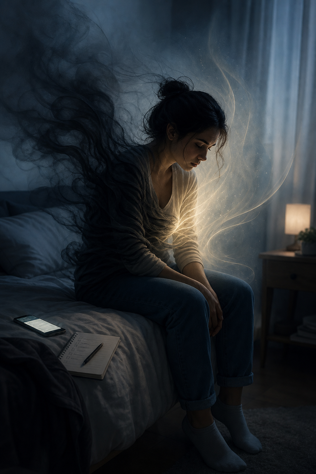 A woman sits on a bed, head bowed, with dark smoke-like wisps and glowing light swirling around her