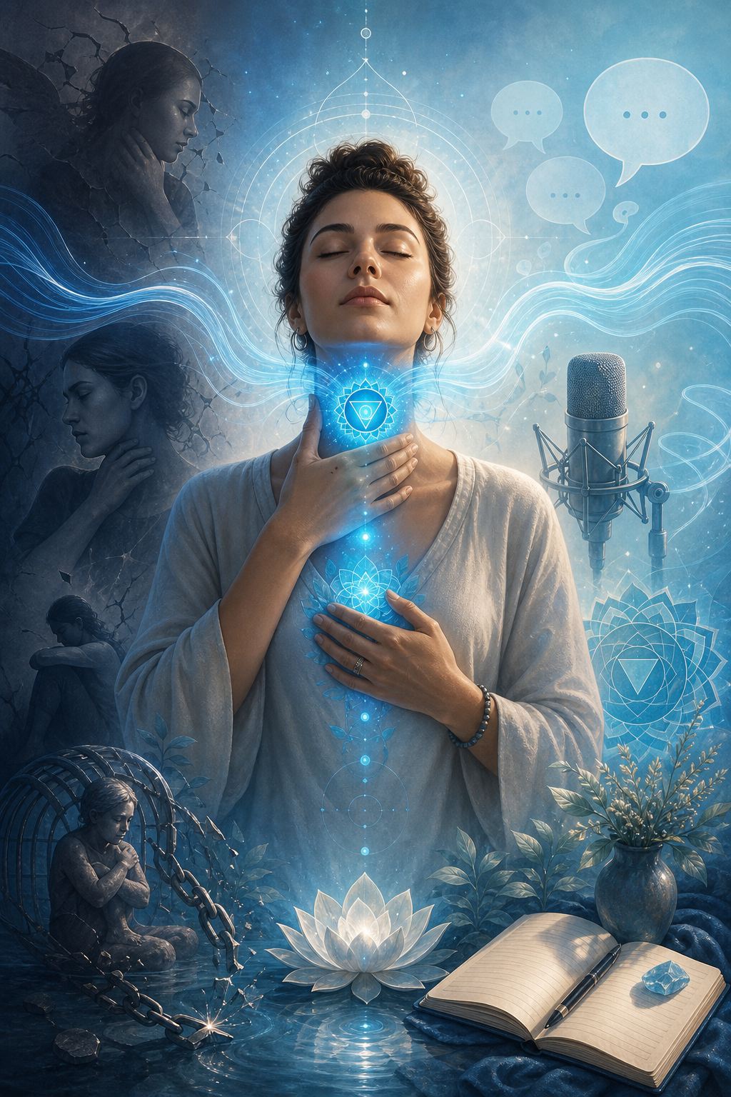 Throat Chakra block symptoms including communication struggles fear of self-expression and difficulty speaking up