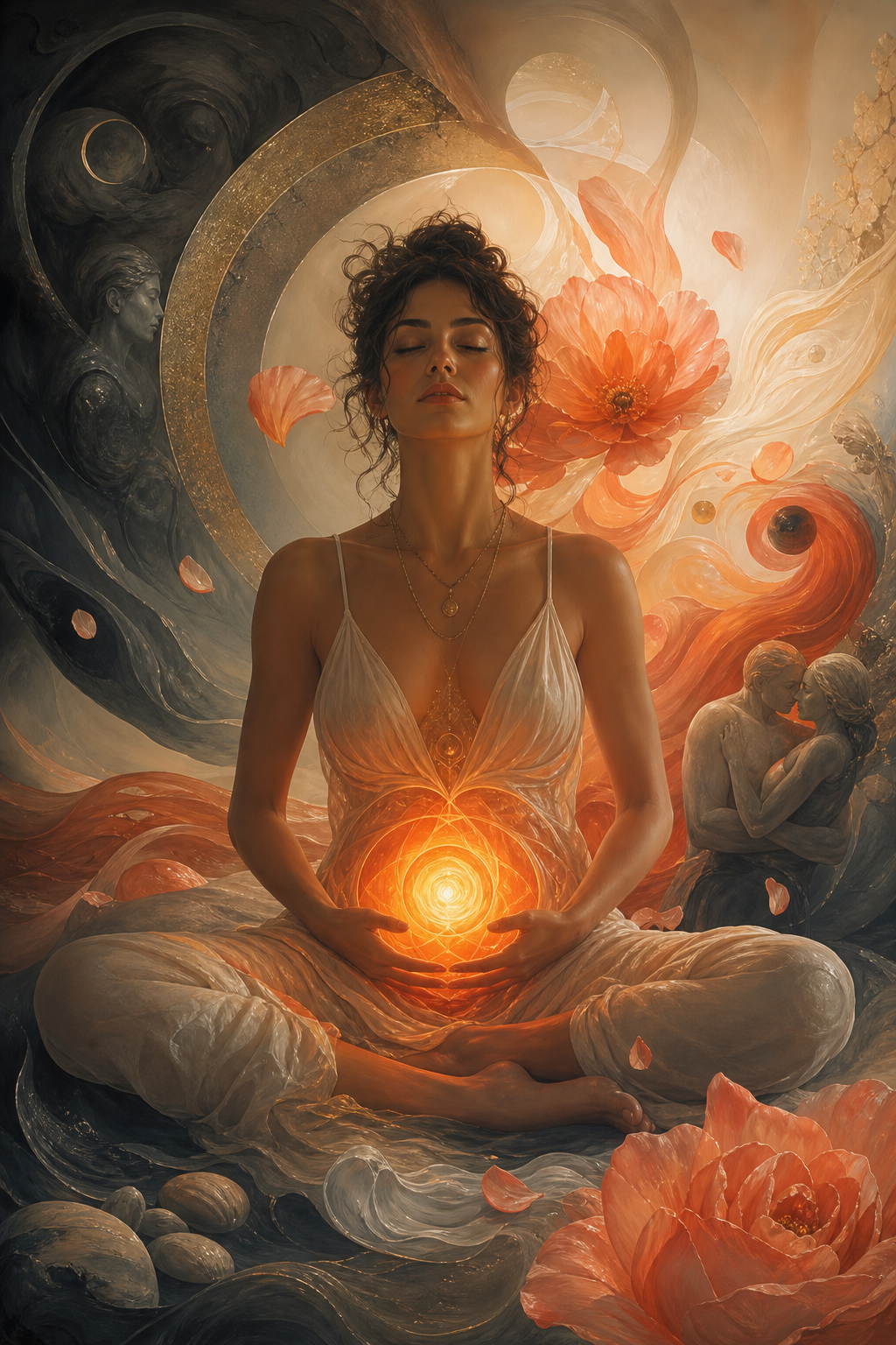Woman meditating with orange sacral chakra energy glowing in the lower abdomen