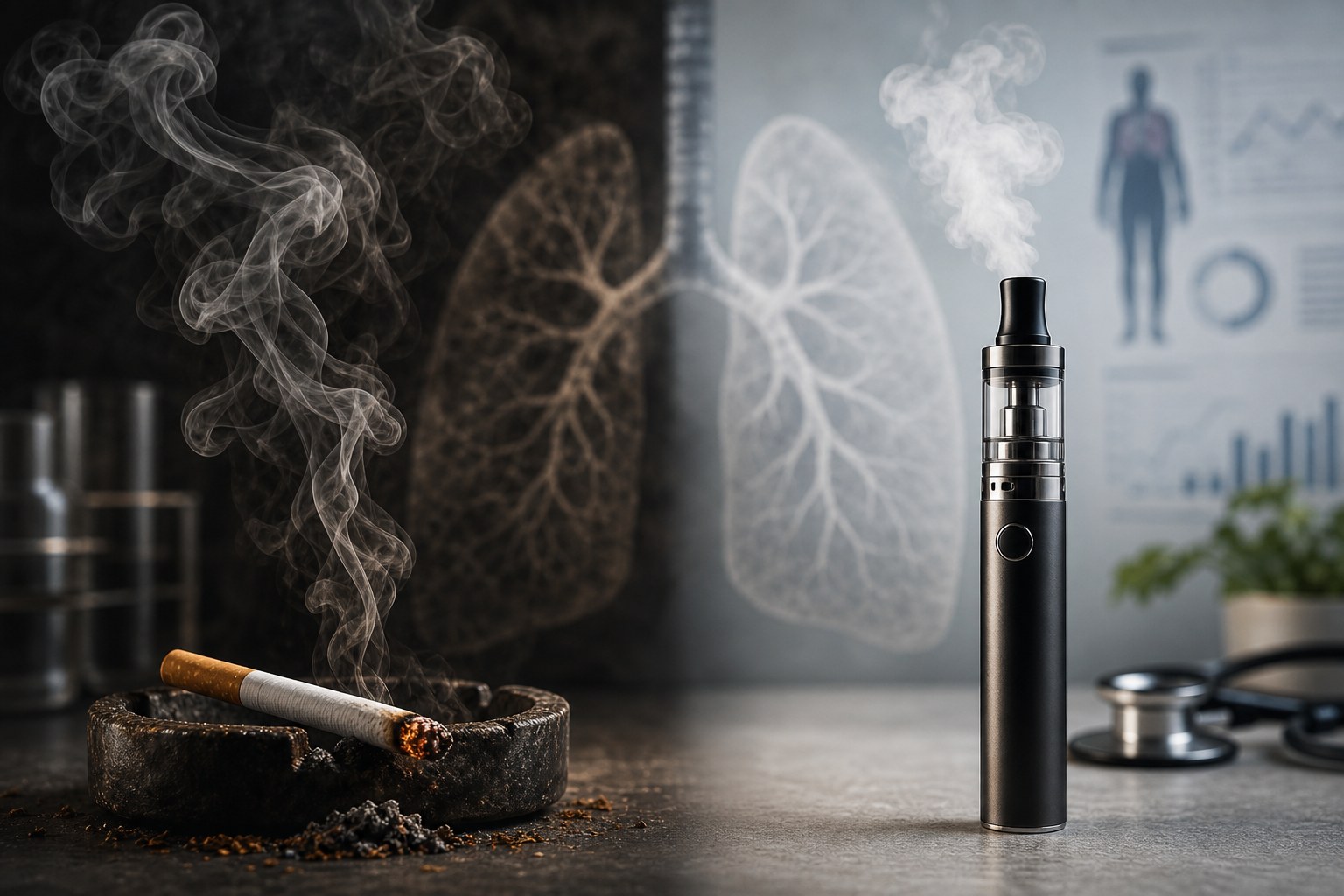 Cigarette smoke and a vaping device beside a burned-out ashtray, illustrating smoking and lung damage