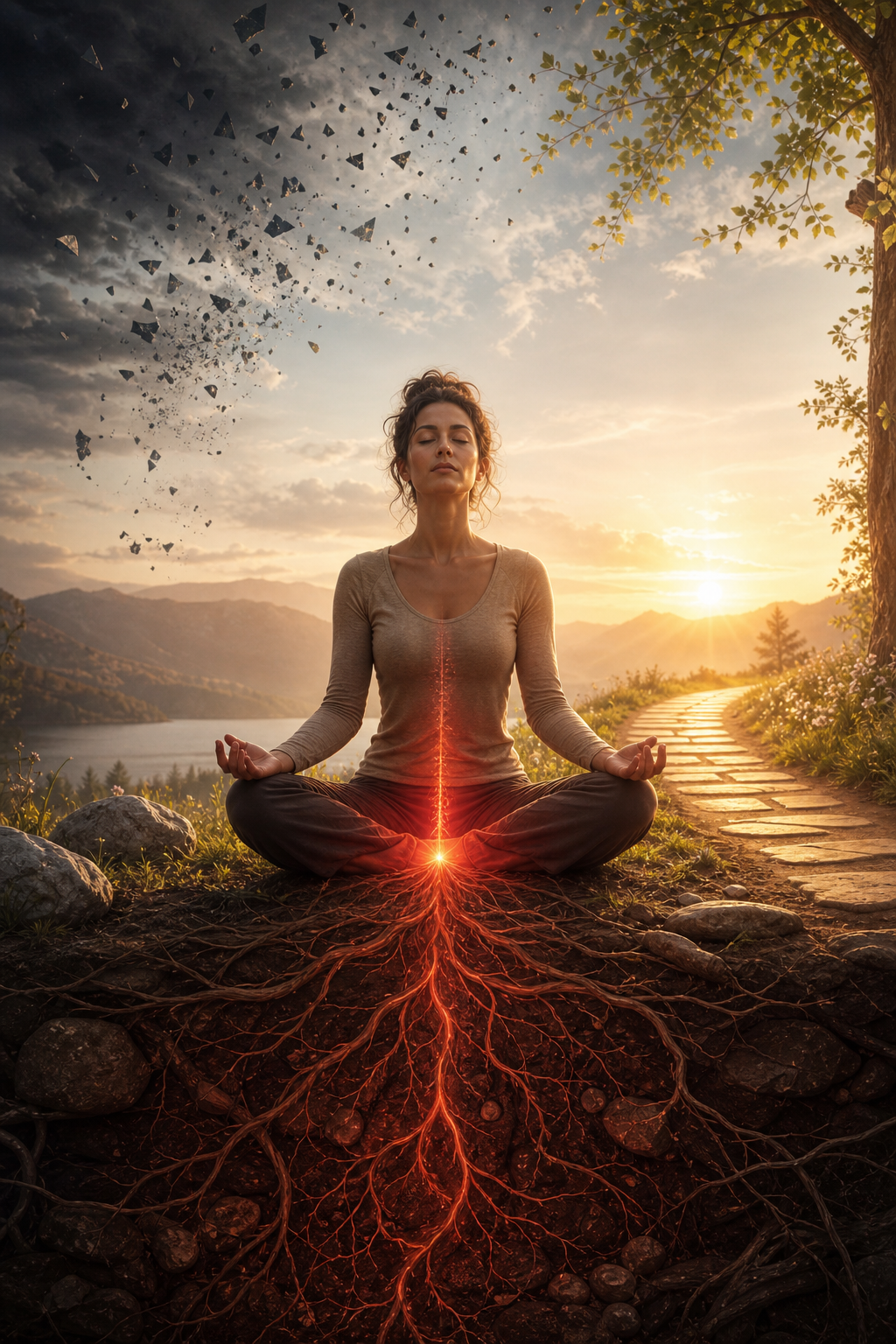 Illustration of the seven chakras aligned in the body during chakra healing, energy balancing, and subconscious chakra activation.