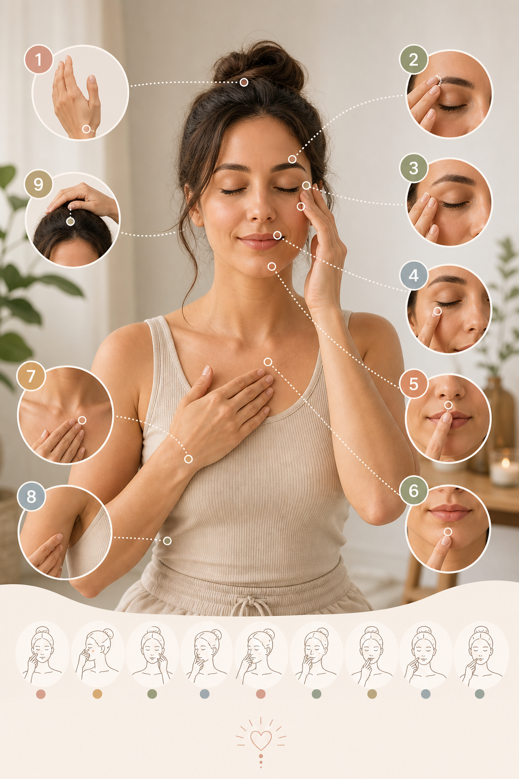 Facial massage steps shown on a woman, with numbered insets demonstrating where to apply pressure on the face and neck