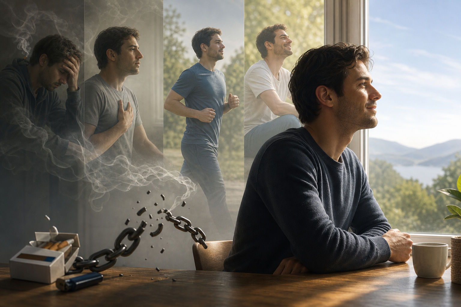 Man breaking free from smoking addiction and feeling healthier and calmer