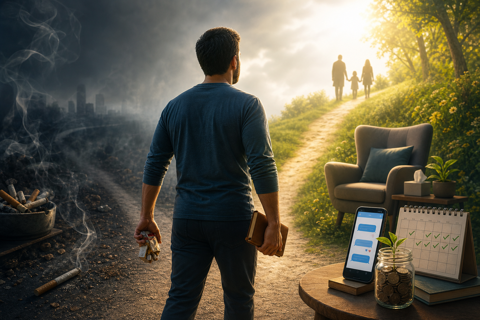 Man choosing a healthier path, leaving smoking behind for family and self-improvement