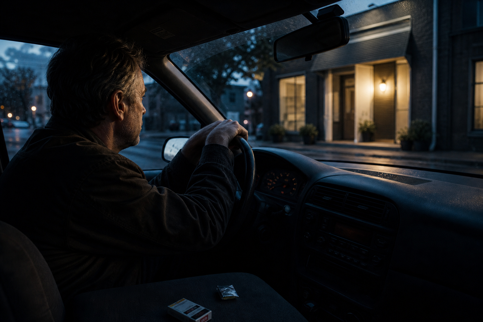 Man driving at night, looking toward a lit house from inside a car