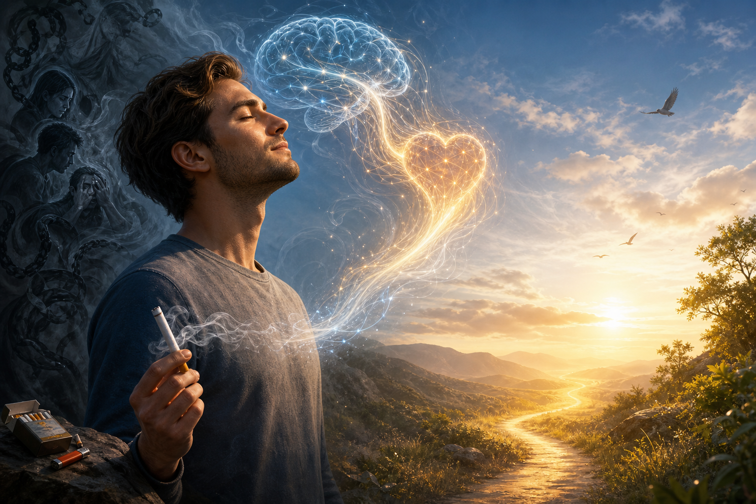 Man holding a cigarette with a glowing brain and heart above him at sunrise over a mountain path