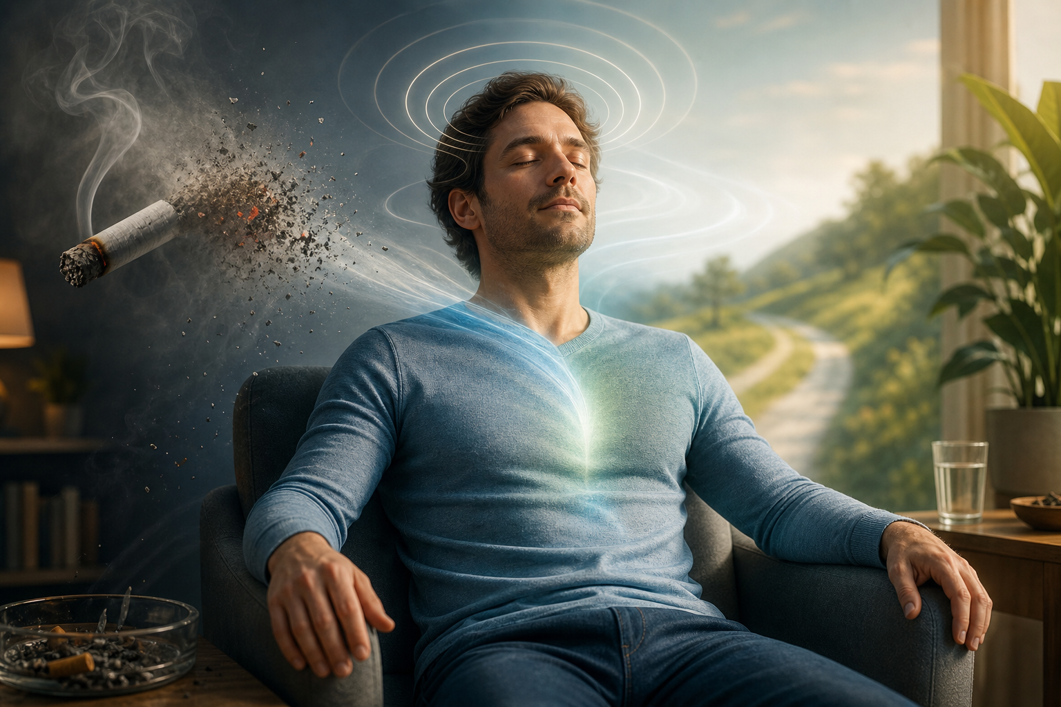Man meditating as a cigarette disintegrates beside him, symbolizing quitting smoking
