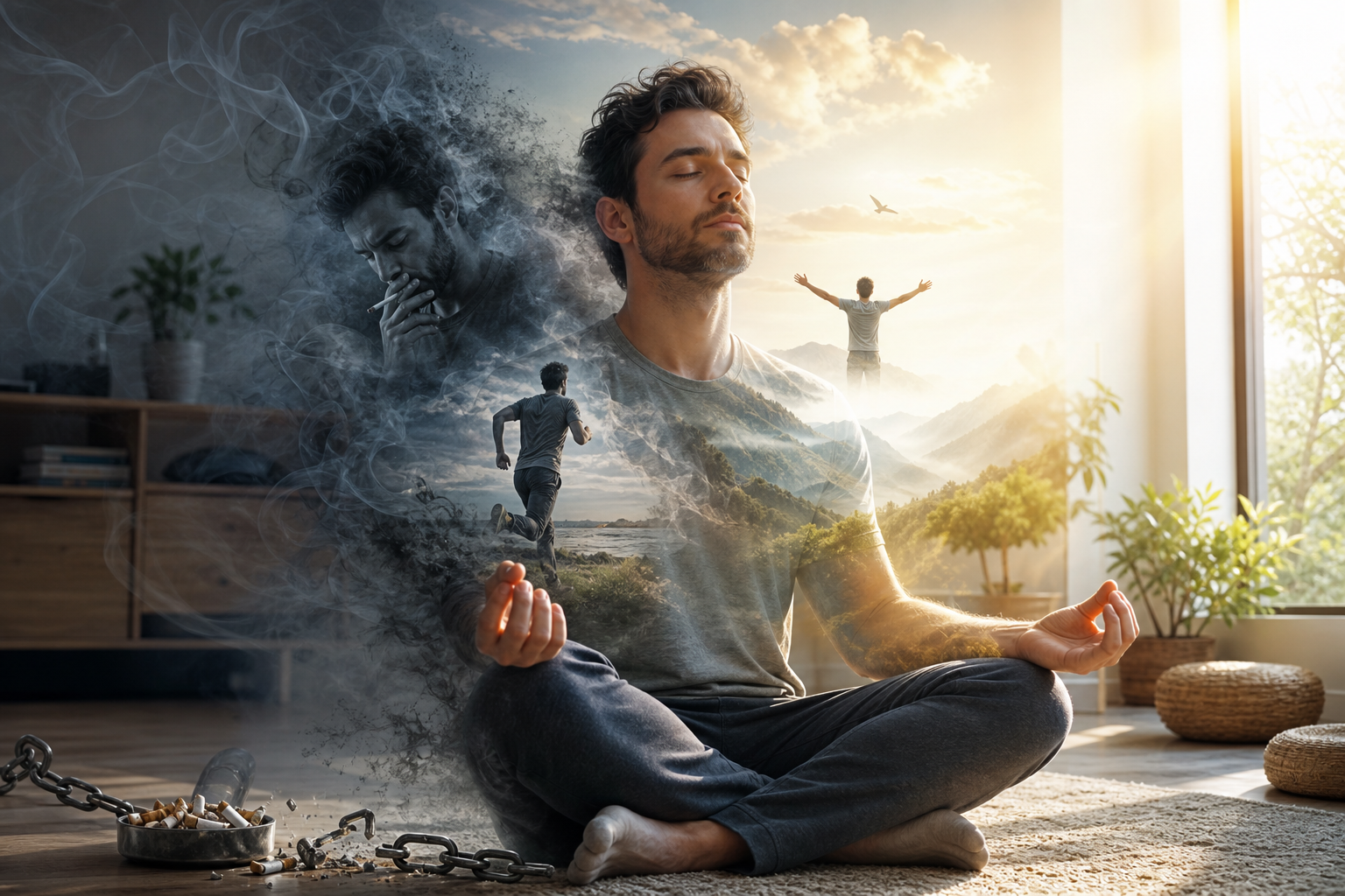 Man meditating, with a smoky past of smoking and running fading into a bright, peaceful future