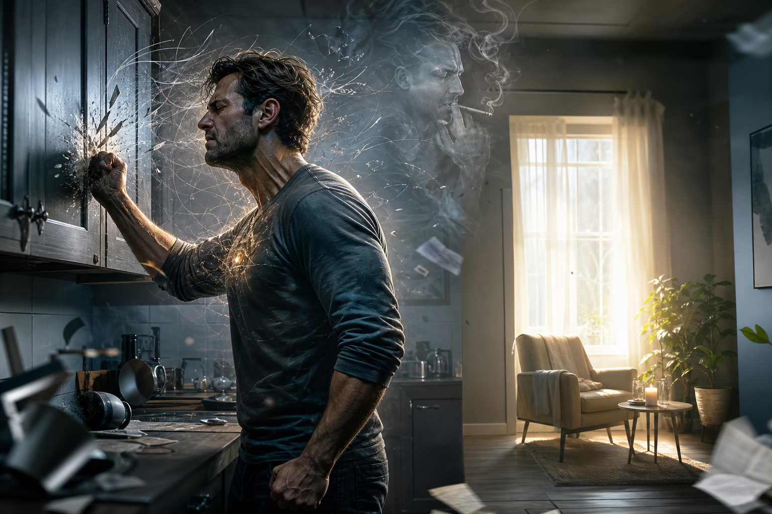 Man punching a kitchen cabinet in anger, with a smoky double exposure of him smoking nearby