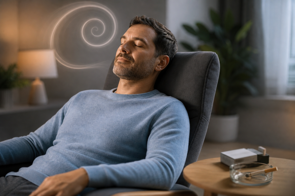 Man relaxing in a chair with eyes closed, with a spiral of smoke behind him and a cigarette in an ashtray nearby