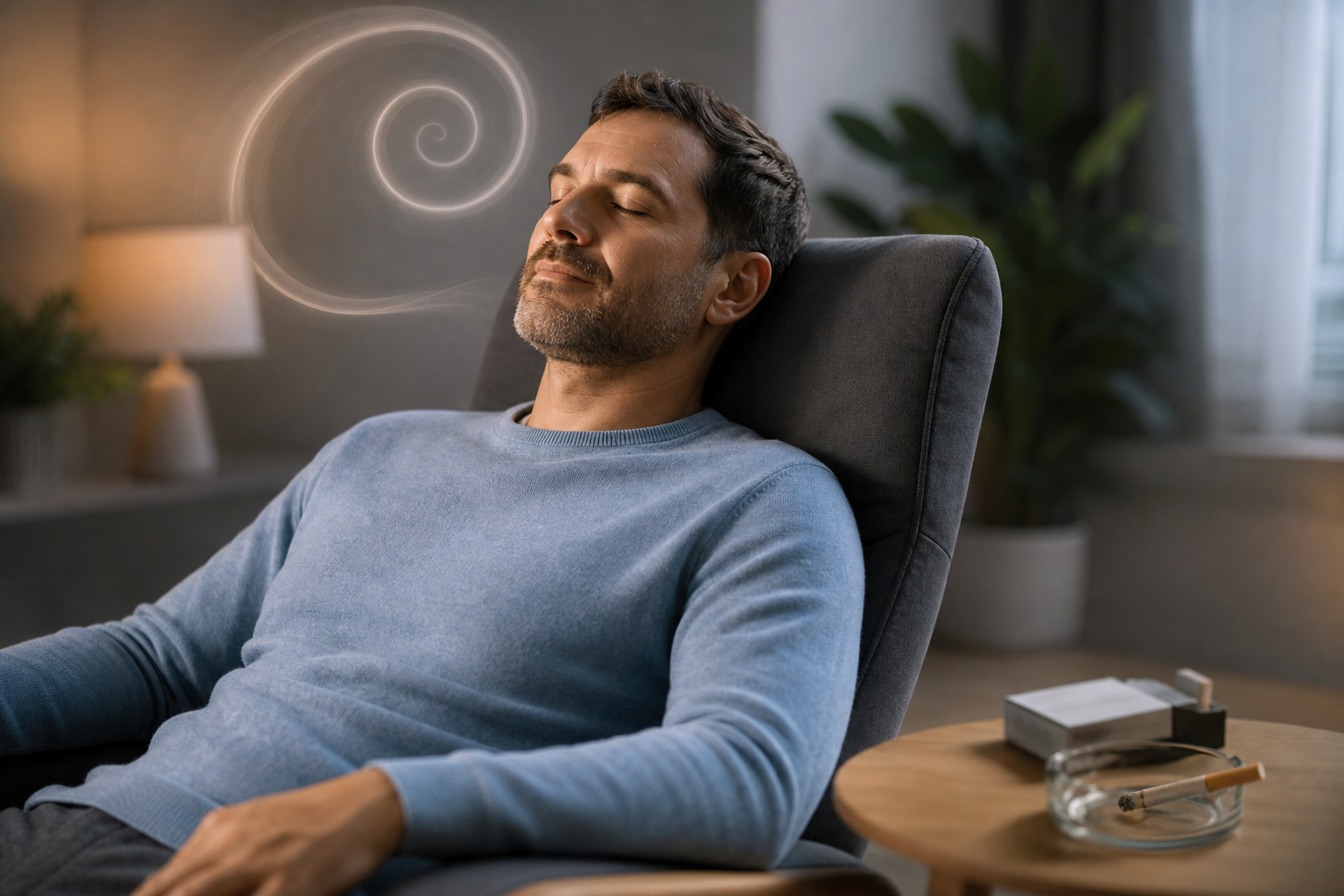 Man relaxing in a chair with eyes closed, with a spiral of smoke behind him and a cigarette in an ashtray nearby