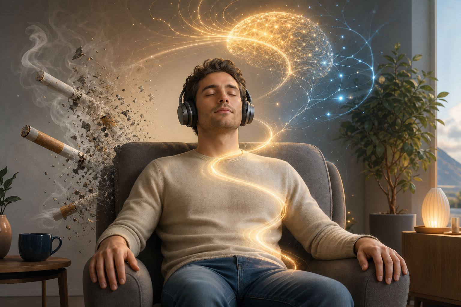 Man relaxing in a chair with headphones, with cigarette smoke dissolving into a glowing brain and light trail