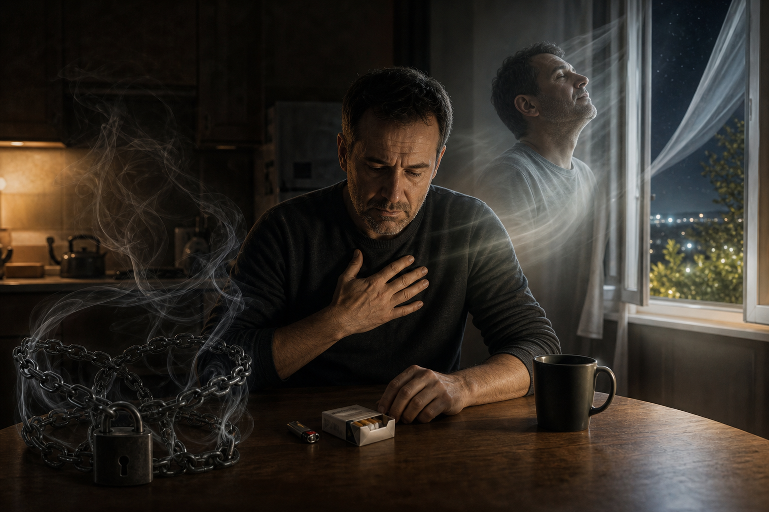 Man sitting at a table with a hand on his chest, looking distressed beside a window at night