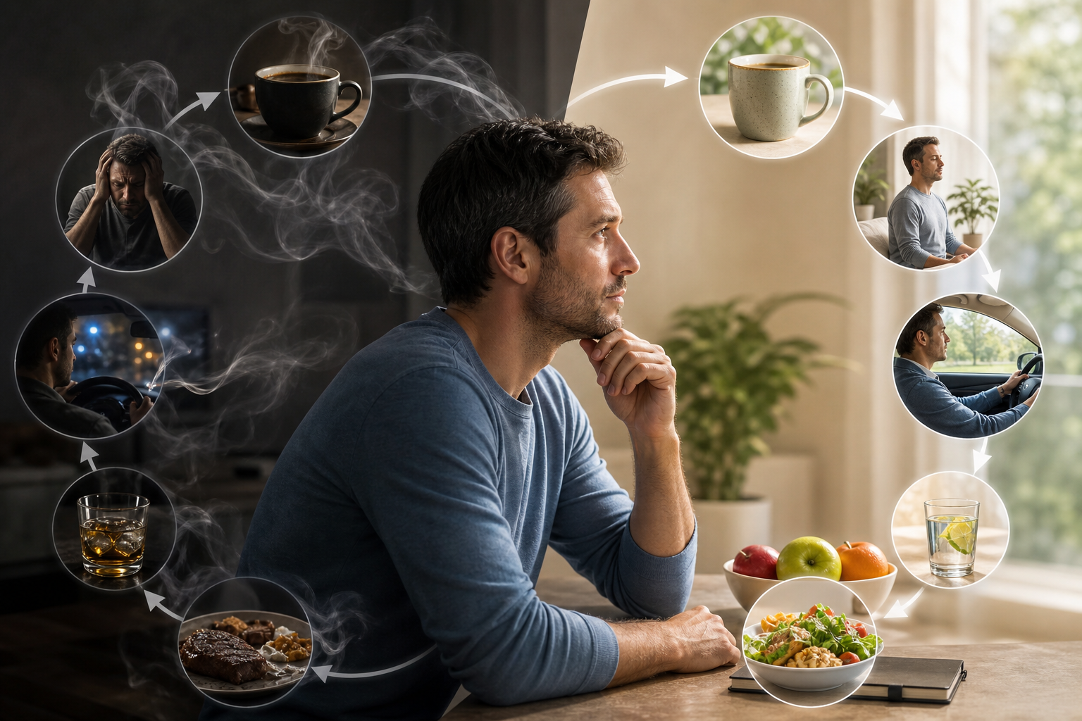Man thinking about healthier habits, with a cycle of stress and wellness choices around him