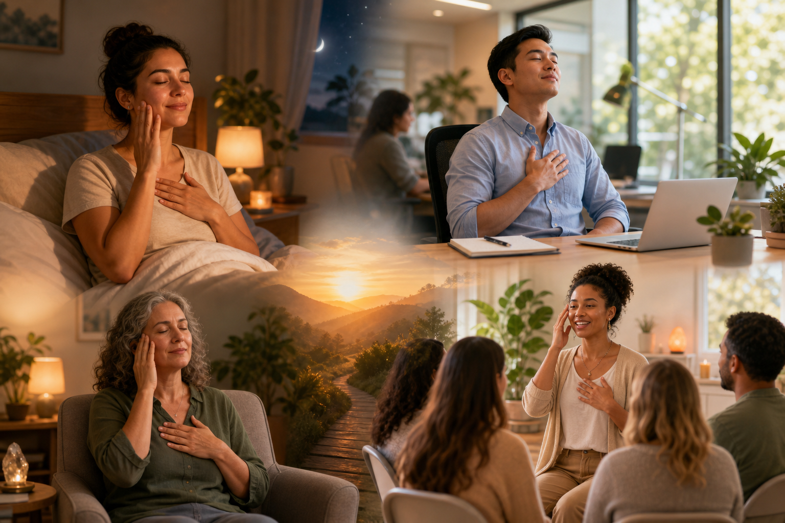 People practicing mindfulness and meditation in home, office, and group settings with a sunrise landscape overlay