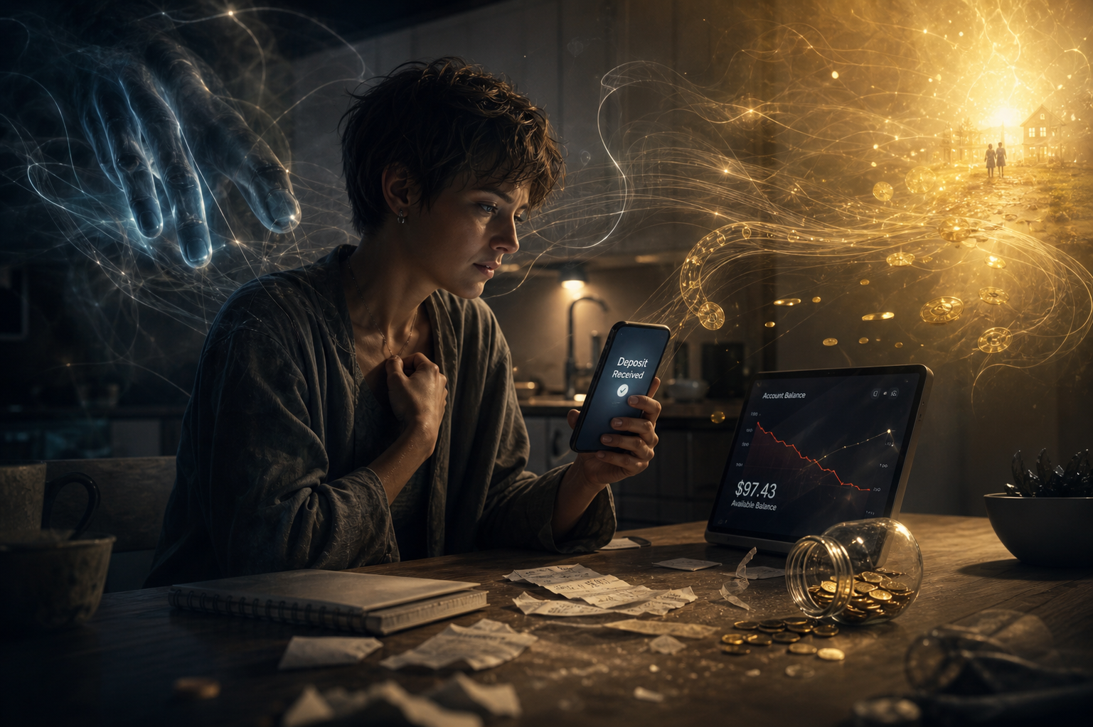 Person checking a phone with “Deposit Received” while an account balance chart shows a low balance and coins on the table
