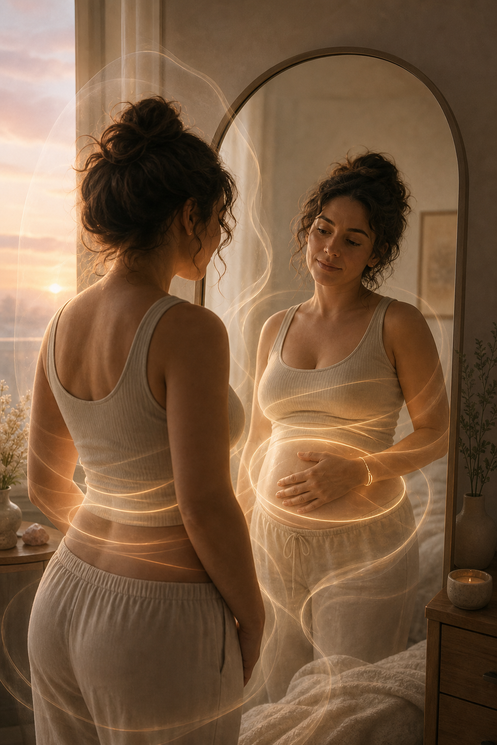 Pregnant woman gently holding her belly while looking at herself in a mirror at sunset