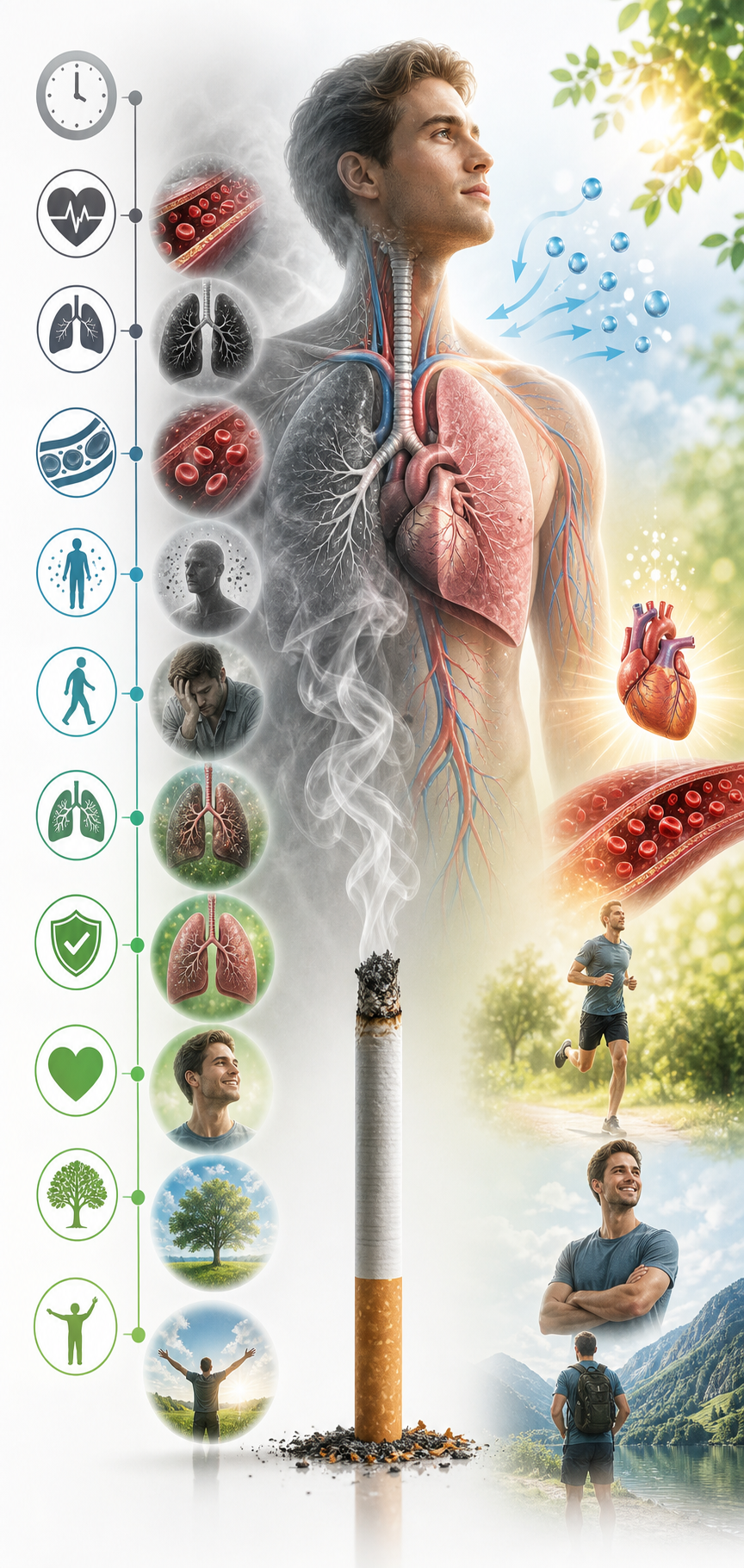 Smoking harms the lungs and heart, while quitting improves breathing, circulation, and overall health