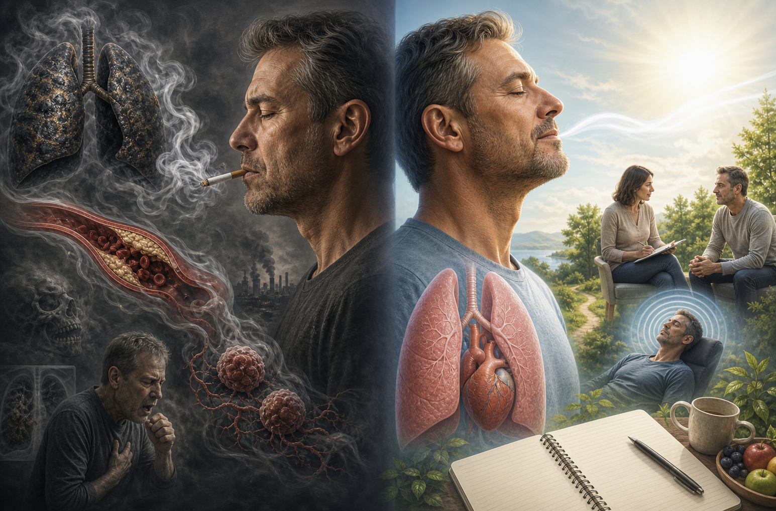 Split illustration of smoking and healthy lungs, showing the effects of smoking versus recovery and counseling