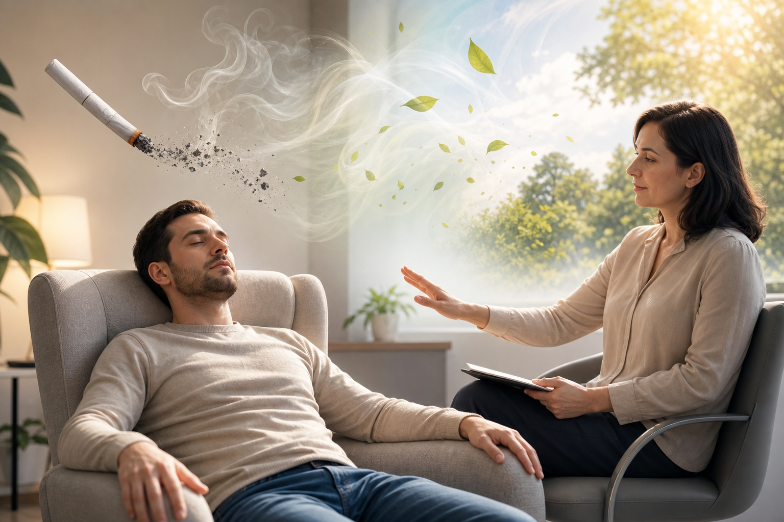 Therapist guiding a man through a smoking cessation session
