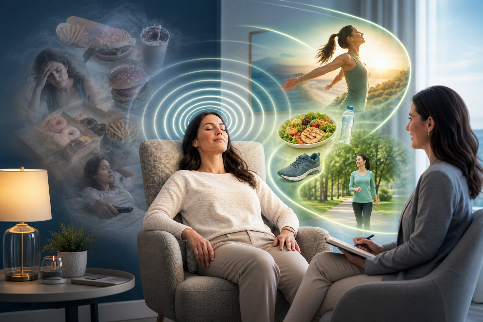 Therapy session visualizing stress triggers and healthier habits, with a woman relaxing between a counselor and lifestyle images