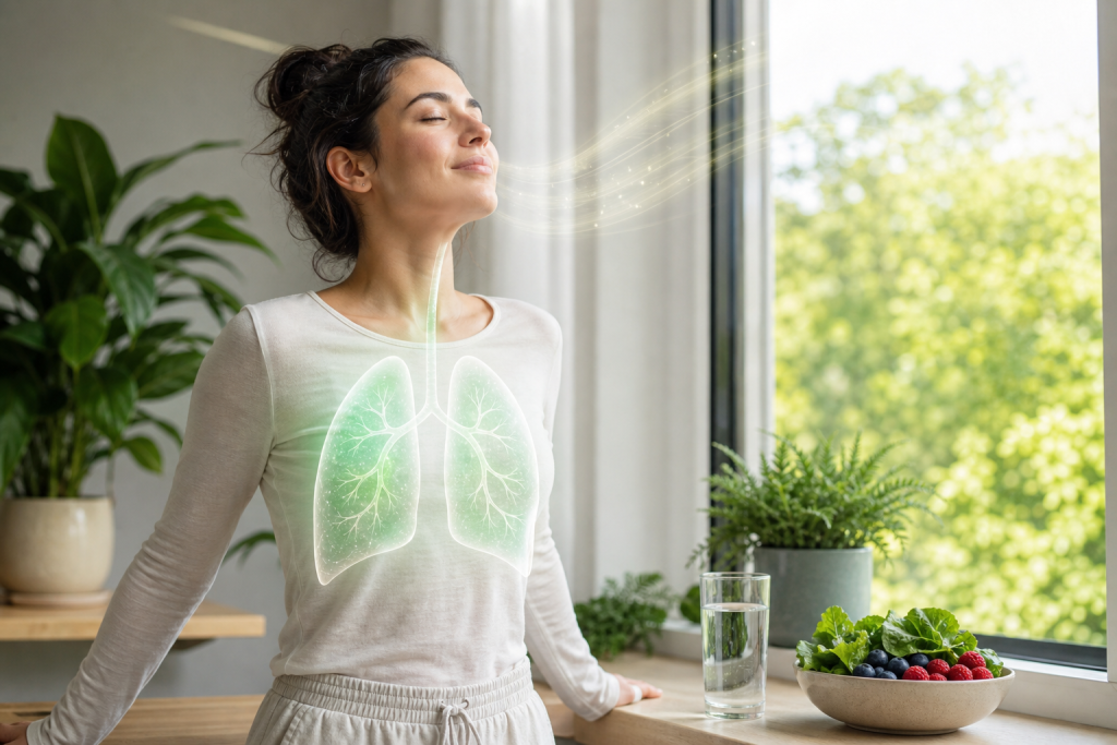 Woman breathing deeply by a window, with a glowing lungs graphic over her chest
