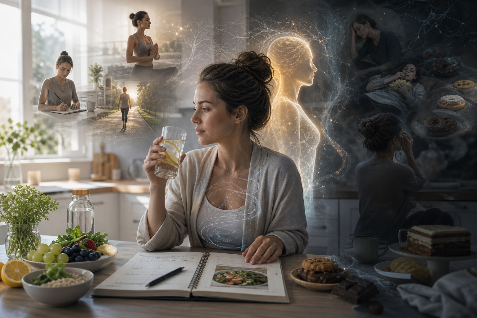 Woman choosing a healthy lifestyle, with scenes of meditation, exercise, journaling, and resisting junk food