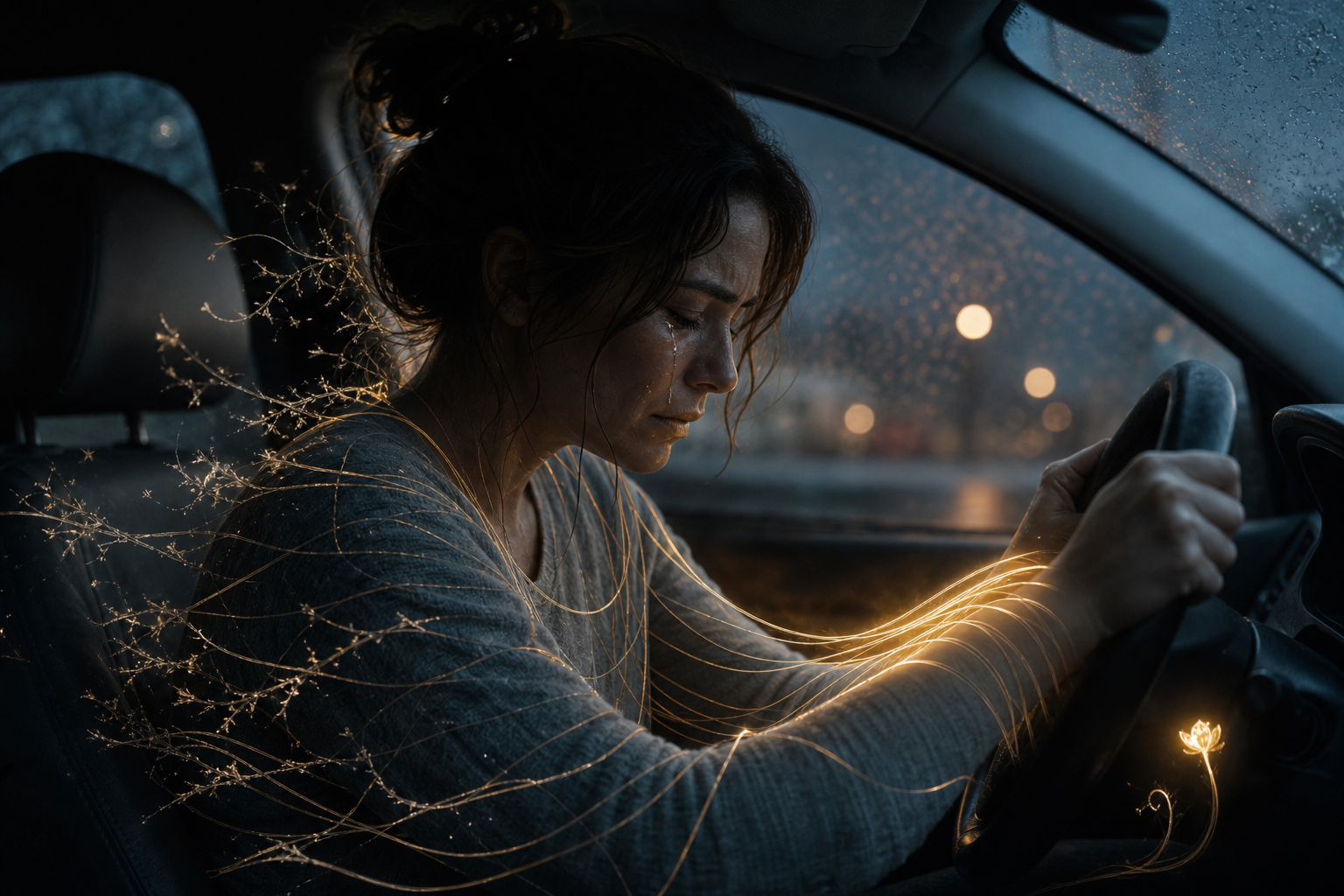 Woman crying while gripping a steering wheel in a rain-streaked car at night