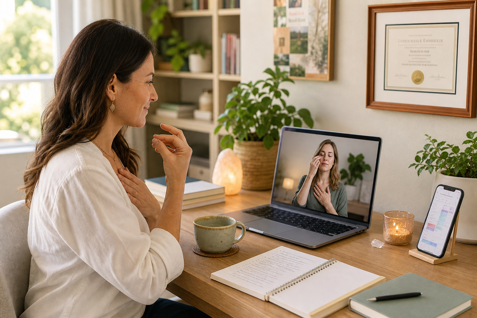 Woman in a video therapy session at a desk, speaking with a counselor on a laptop