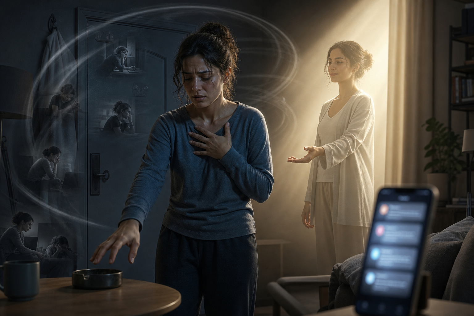 Woman in distress reaching toward a table while a calm, glowing figure offers comfort beside her
