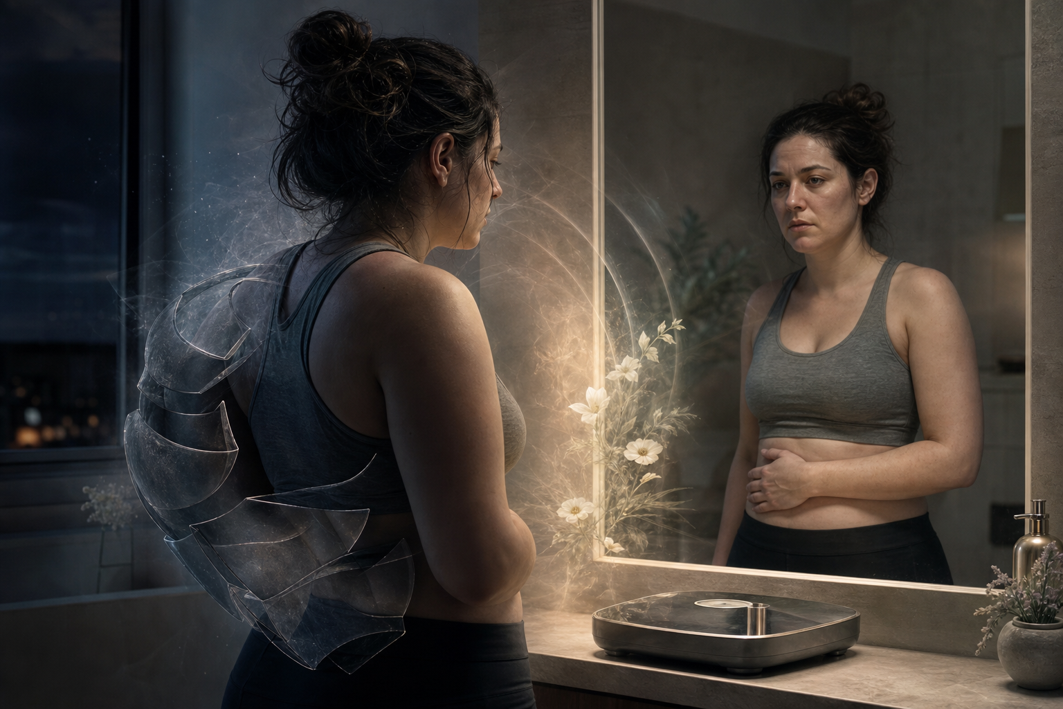 Woman looking at her reflection in a bathroom mirror, with a translucent fractured wing-like shape on her back