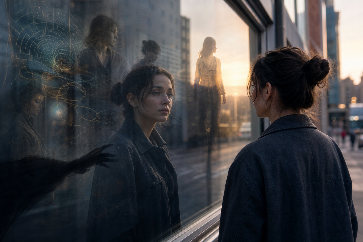 Woman looking at her reflection in a window at sunset, with multiple ghostly reflections around her