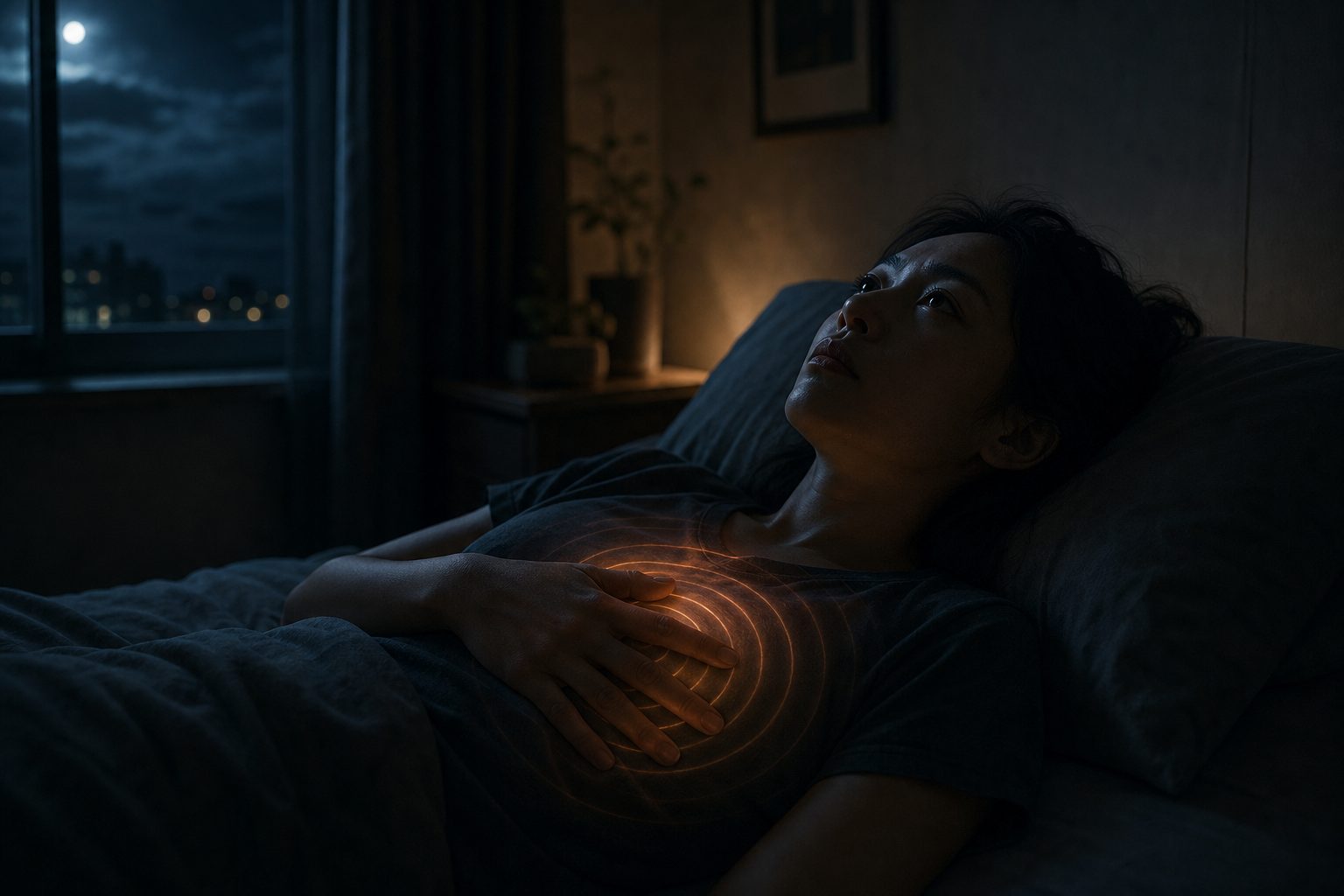 Woman lying in bed at night, holding her chest and looking upward in discomfort