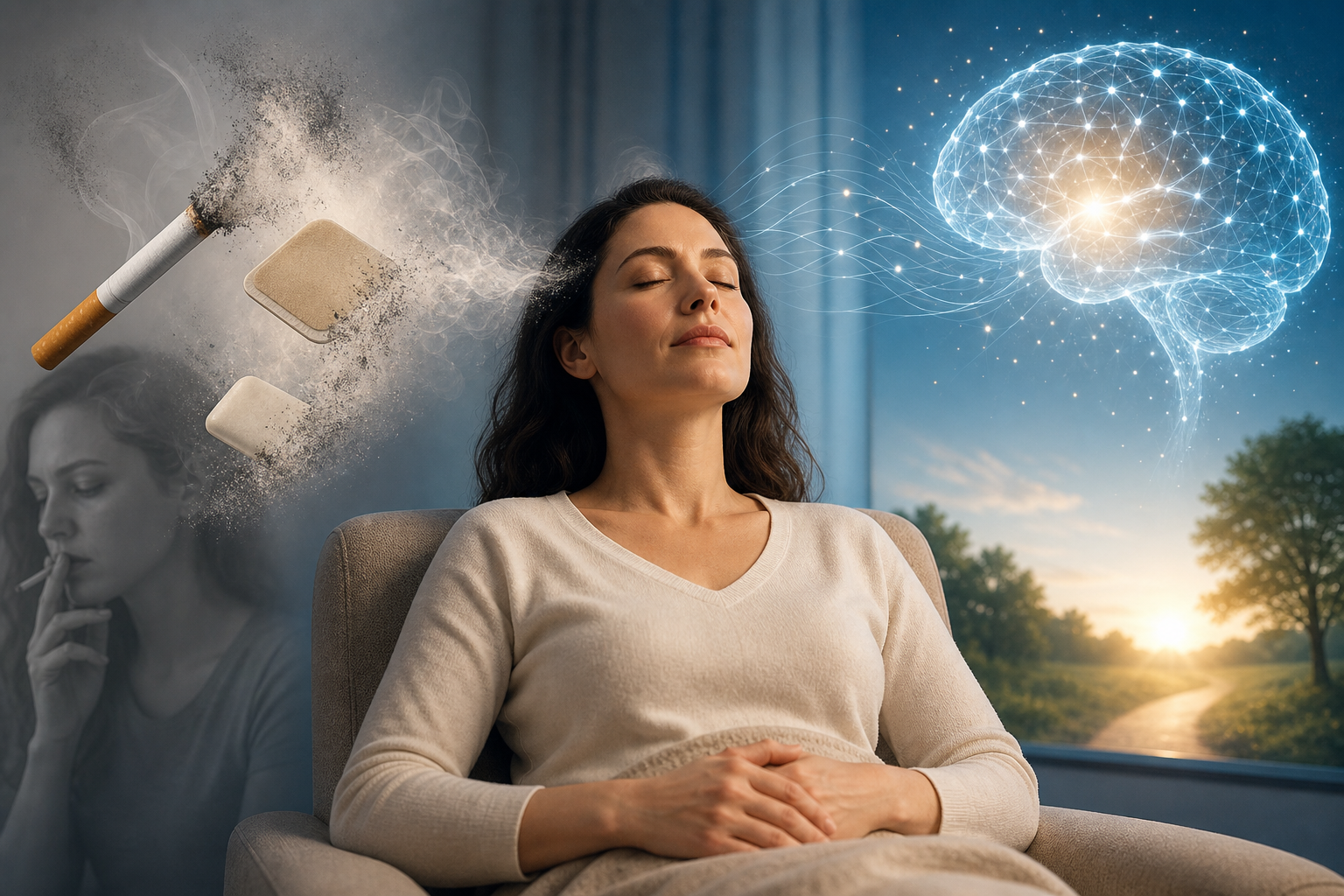 Woman meditating as cigarettes fade away and a glowing brain suggests recovery from addiction