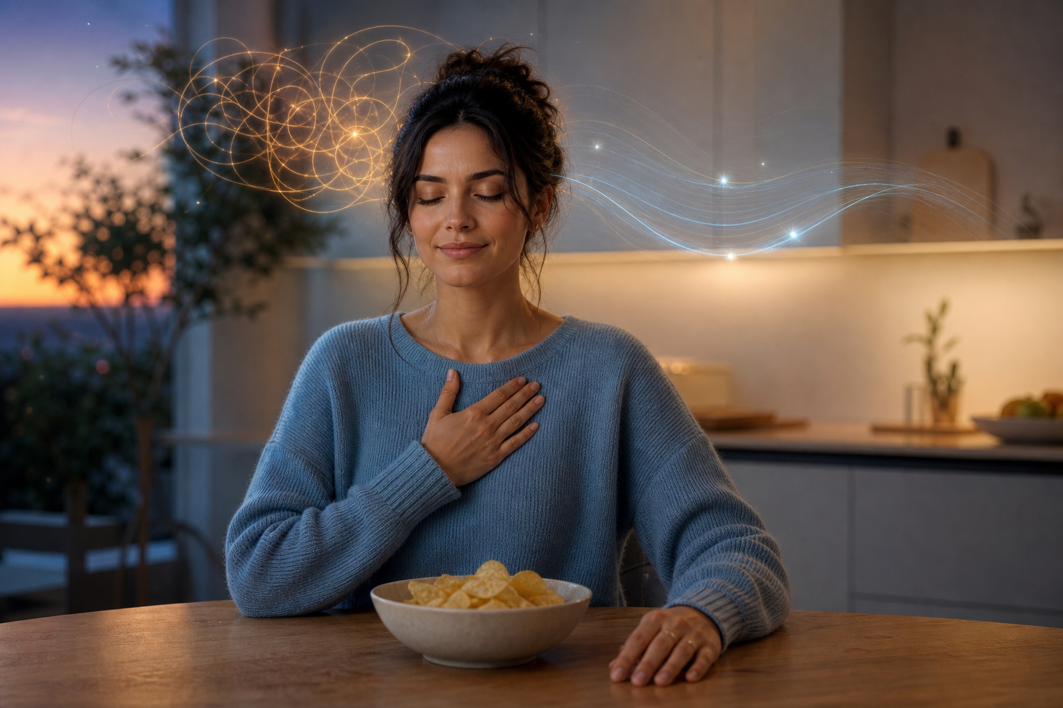 Woman meditating at a table with a bowl of chips, hand on heart, with glowing energy lines around her head