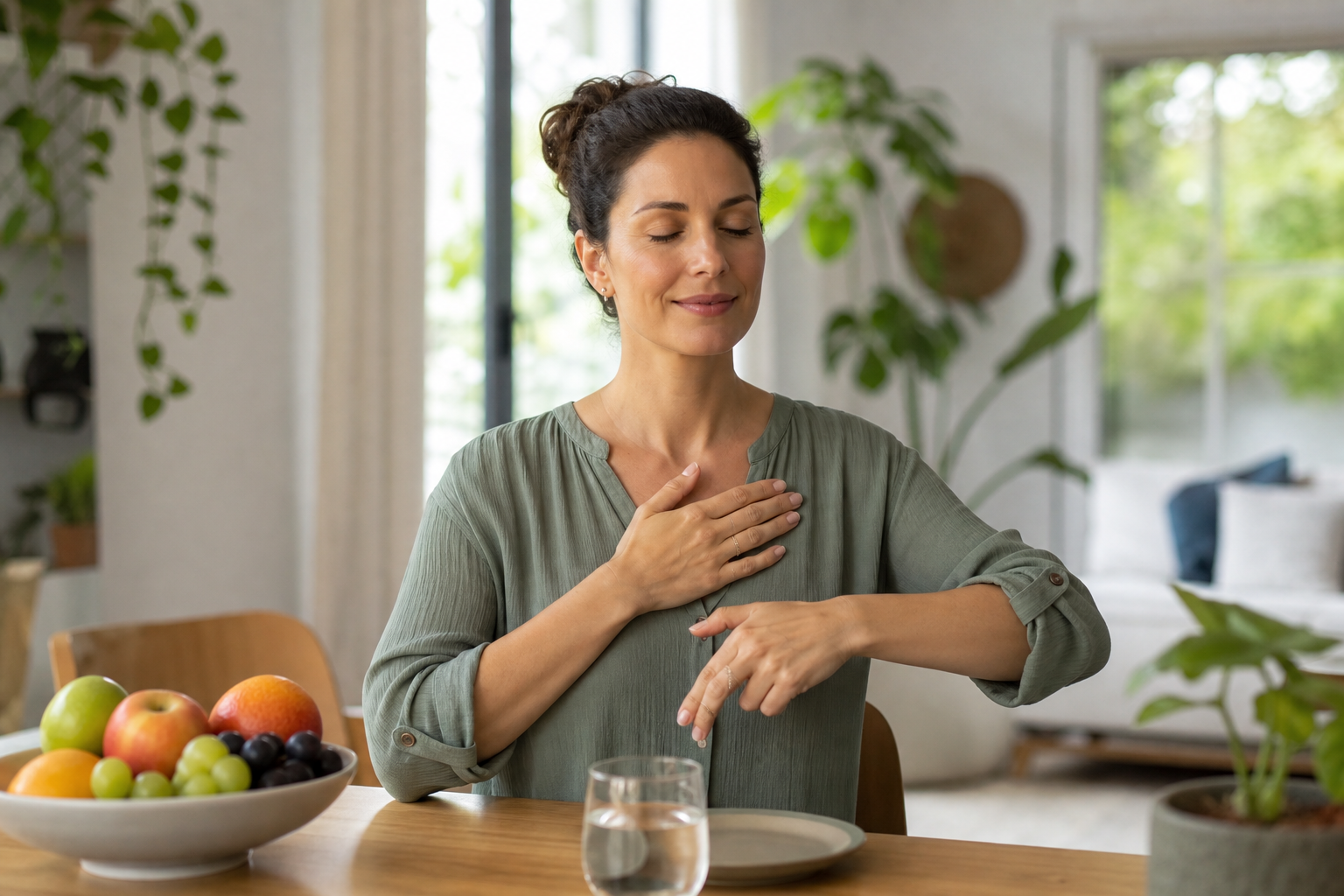 Woman meditating at a table with a bowl of fruit and a glass of water