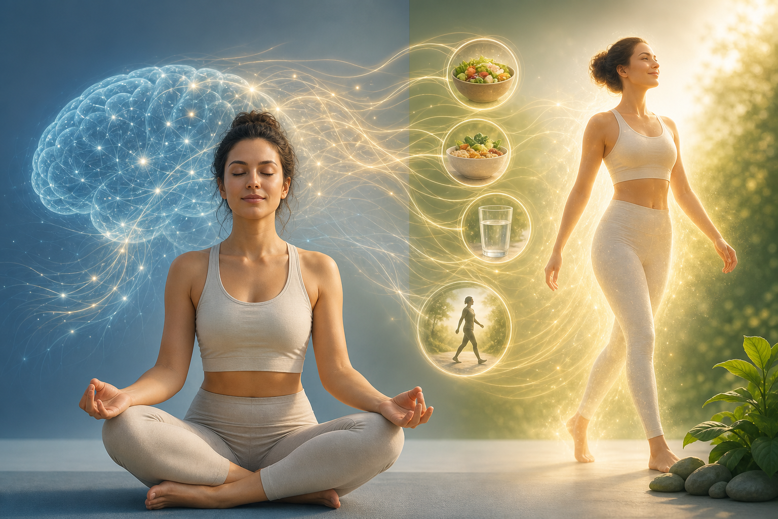 Woman meditating beside a glowing brain, with icons for healthy food, water, and walking leading to an active, healthy figure