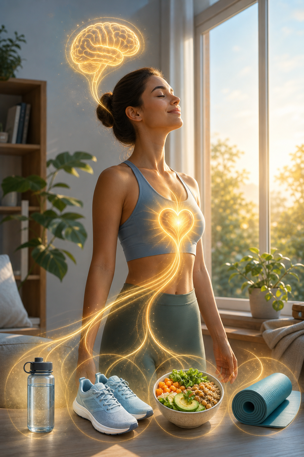 Woman meditating beside glowing symbols for mindfulness, healthy eating, exercise, hydration, and yoga