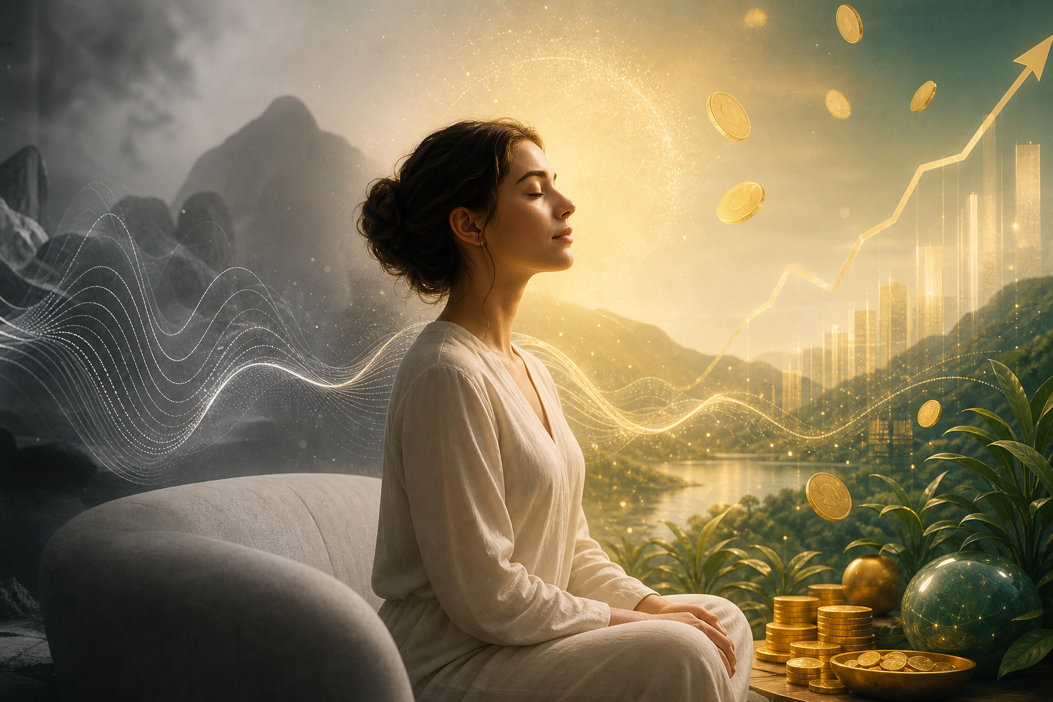 Woman meditating beside stacks of gold coins, with an upward financial growth chart in the background