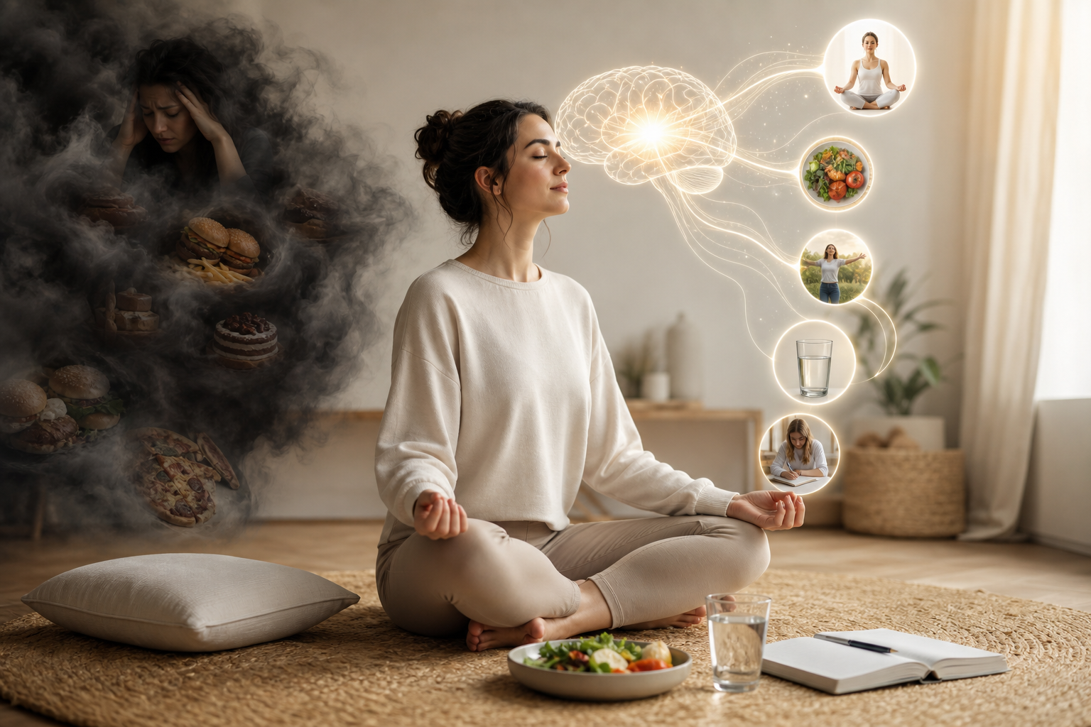 Woman meditating, choosing healthy habits over junk food, with icons for yoga, salad, water, and journaling